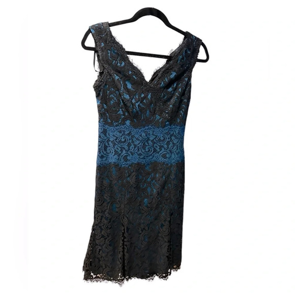 Tadashi Shoji Turquoise Blue Lace Overlay Sheath Dress Knee Length Size 4 - Picture 2 of 11